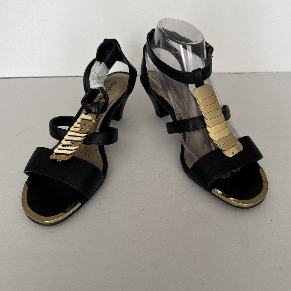 Comfortview Sandals Women 8 WW  Black Gold Tone Accents Strappy‎ Neutral Party